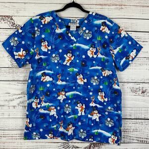 Womens Blue Frosty The Snowman Short Sleeve Scrub Top Christmas All Over Print L